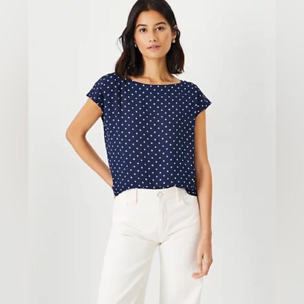 Ann Taylor Navy Dotted Boatneck Top
